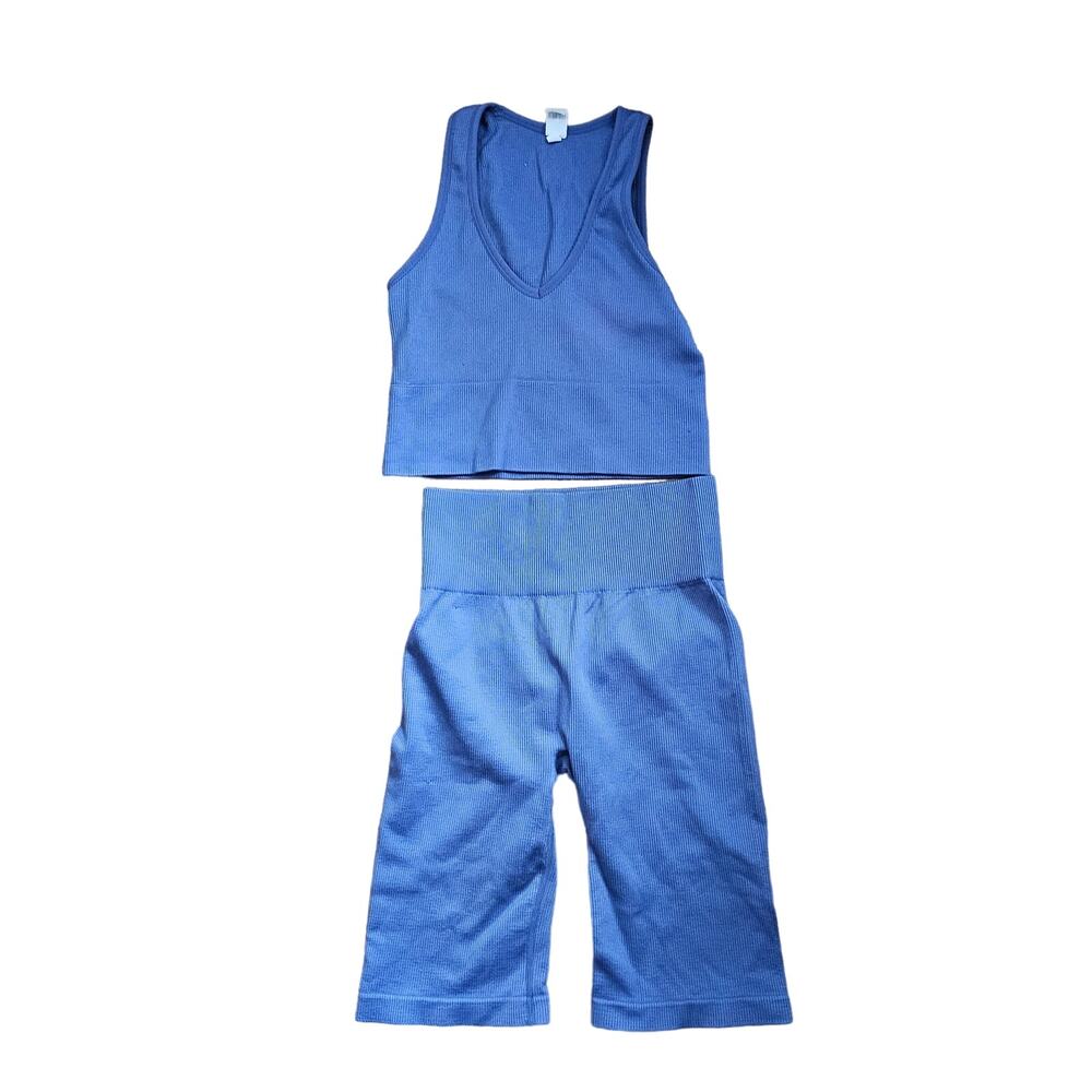 90 Degree by Reflex  Blue Ribbed Active Wear Cropped Top and Shorts Set Size S